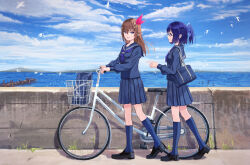  a-chan_(hololive) absurdres bag bicycle bird blue_eyes blue_hair blue_shirt blue_skirt blue_socks brown_hair commentary deenamaito glasses hair_ornament hairpin highres hololive loafers ocean open_mouth school_bag school_uniform seagull serafuku shirt shoes skirt socks tokino_sora untranslatable_commentary 