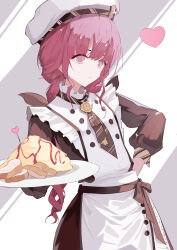  1girl absurdres apron ascot bow bread brooch brown_ascot brown_bow brown_dress buttons chef chef_hat chinese_commentary closed_mouth commentary_request cowboy_shot double-parted_bangs dress drill_hair expressionless eyelashes flat_top_chef_hat food frilled_apron frills glint grey_background hand_on_own_hip hat heart highres holding holding_plate infinity_nikki jewelry ketchup light_frown long_hair long_sleeves looking_at_viewer low_twintails nikki_(series) omelet omurice pink_eyes pink_hair plate puffy_long_sleeves puffy_sleeves so_ni_ni solo standing striped_ascot striped_background sweet_traces_(infinity_nikki) twin_drills twintails two-tone_background very_long_hair waist_bow white_apron white_background white_hat 