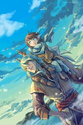  antlers blue_eyes blue_hair brown_hair cloud clouds cold green_eyes morning mountain mountains original scarf sky 