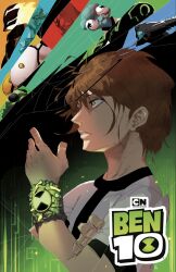  1boy alien ben_10 ben_tennyson brown_hair colored_skin comic_cover compound_eyes cover cover_page green_eyes highres lougrim_art omnitrix omnitrix_symbol red_skin science_fiction shirt t-shirt 