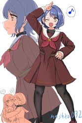  2girls ;d arm_up black_pantyhose black_shirt breasts brown_dress closed_mouth commentary dress eighth_note ereka hand_on_own_hip hasu_no_sora_school_uniform heart highres hug kinjou_maika large_breasts link!_like!_love_live! long_sleeves looking_at_viewer love_live! medium_dress multiple_girls multiple_views musical_note neckerchief one_eye_closed open_mouth pantyhose partially_colored pleated_dress profile red_neckerchief reizawa_aoi sailor_collar sailor_dress school_uniform shirt slit_pupils smile speech_bubble spoken_blush spoken_heart spoken_musical_note turtleneck turtleneck_shirt twitter_username undershirt white_sailor_collar winter_uniform yellow_eyes 