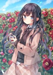  1girl absurdres black_hair black_ribbon blue_eyes blue_ribbon blush brown_sweater camera camera_around_neck cardigan clear_sky closed_eyes collar commentary commission cowboy_shot dot_nose english_commentary facing_to_the_side field flat_chest flower flower_field hair_ribbon hair_spread_out heripiro highres holding holding_camera long_hair long_sleeves looking_at_viewer neck_ribbon open_cardigan open_clothes orange_cardigan orange_skirt original outdoors plaid_clothes plaid_skirt polaroid_camera ribbon shirt sidelocks skeb_commission skirt sky smile solo standing sweater white_collar white_shirt 