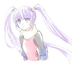  1girl blue_gloves bodysuit commentary_request elbow_gloves enoki_(megaclam) gloves grey_bodysuit jumpsuit long_hair looking_at_viewer open_mouth pink_jumpsuit purple_hair short_jumpsuit simple_background solo sophie_(tales) tales_of_(series) tales_of_graces twintails upper_body very_long_hair violet_eyes white_background 