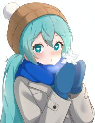  1girl beanie blue_eyes blue_hair blue_mittens blue_scarf breath bright_pupils brown_hat coat double-parted_bangs grey_coat hat hatsune_miku heart heart-shaped_pupils highres holding_snowflake long_hair long_sleeves looking_at_viewer mittens parted_lips pom_pom_(clothes) pom_pom_beanie scarf simple_background snowflakes solo symbol-shaped_pupils twintails twitter_username upper_body user_kwsx7744 vocaloid white_background white_pupils 