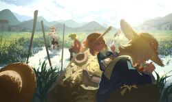  6+girls absurdres aki_minoriko aki_shizuha alternate_costume alternate_headwear animal_ears black_pants blonde_hair blue_shirt boots brown_boots brown_hat brown_pants bunbunmaru character_request closed_eyes commentary_request day ears_through_headwear eating facing_viewer farming grape_hat_ornament green_hair grey_hair grin hat hat_ornament hay highres inubashiri_momiji kazami_yuuka kinoko_(kino2435006) leaf_hat_ornament multiple_girls newspaper outdoors pants pink_hair plaid_clothes plaid_shirt red_boots red_shirt rice shirt siblings sisters sitting smile straw_hat tail touhou translation_request unworn_headwear v wading water wolf_ears wolf_girl wolf_tail 