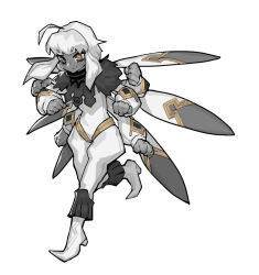  1girl ahoge breasts colored_skin commentary_request extra_arms full_body grey_skin large_breasts light_smile monster_girl original red_eyes shawn_ger_lin simple_background solo symbol-shaped_pupils white_hair 