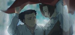  2boys absurdres ace_attorney ascot black_hair closed_mouth collared_shirt commentary_request grey_hair highres improvised_umbrella jacket kizu_(gozenreiji010) male_focus miles_edgeworth multiple_boys outdoors phoenix_wright rain red_jacket shirt short_hair smile white_ascot white_shirt 