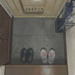  closed_umbrella commentary_request door genkan highres indoors loafers muji_(uimss) no_humans original shoes sneakers tile_floor tiles umbrella umbrella_stand unworn_shoes wooden_floor 