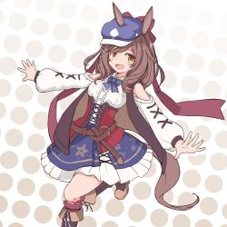 1girl animal_ears boots bow brown_hair center_frills character_request check_character clothing_cutout ears_through_headwear frills hat highres horse_ears horse_girl horse_tail kureijii_saiko looking_at_viewer matikanetannhauser_(umamusume) multicolored_hair newsboy_cap open_mouth outstretched_arms polka_dot polka_dot_background red_socks shirt shoulder_cutout skirt smile socks solo standing standing_on_one_leg streaked_hair tail umamusume white_shirt 