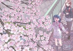  backpack bag black_hair black_socks black_sweater blazer brick_road cherry_blossoms collared_shirt commentary_request fang fukumaru_koito guard_rail hair_ornament hairclip highres higuchi_madoka idolmaster idolmaster_shiny_colors jacket kneehighs loafers looking_at_flowers mole mole_under_eye neck_ribbon outstretched_arms paayan_(hagakinorock54) pantyhose plant plant_focus pleated_skirt red_bag red_hair ribbon school_uniform shirt shoes sidewalk skin_fang skirt socks spread_arms sweater swept_bangs twintails violet_eyes wavy_hair white_shirt 
