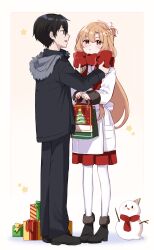  1boy 1girl absurdres adjusting_bow asuna_(sao) bag black_boots black_hair black_jacket black_pants blush boots border bow box brown_eyes brown_hair christmas christmas_tree closed_mouth fur-trimmed_boots fur_trim gift gift_bag gift_box highres holding holding_bag istriri jacket kirito leggings long_hair open_mouth pants red_scarf red_skirt scarf skirt snowman star_(symbol) sword_art_online very_long_hair white_border white_jacket white_leggings 