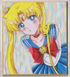  1girl :o arms_behind_back back_bow bishoujo_senshi_sailor_moon blonde_hair blue_eyes blue_sailor_collar blue_skirt blush bow breasts chikoto_(kztc4472) choker collarbone colorful_background commentary cowboy_shot crescent crescent_choker crescent_earrings double_bun dutch_angle earrings gem gold_tiara hair_bun hair_ornament highres jewelry leaning_forward leotard long_hair looking_at_viewer magical_girl medium_breasts miniskirt open_mouth parted_bangs photo_(medium) picture_frame pleated_skirt red_bow red_choker red_gem sailor_collar sailor_moon sailor_senshi_uniform short_sleeves skirt solo tiara traditional_media transformation_brooch_(sailor_moon) tsukino_usagi twintails very_long_hair white_leotard 