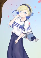  1girl adapted_turret bag blonde_hair blue_eyes blue_hair blue_hairband blue_nails blue_pants commentary_request feet_out_of_frame gradient_hair hairband highres jean_bart_(kancolle) jean_bart_(spring)_(kancolle) kantai_collection looking_at_viewer mole mole_under_eye multicolored_hair official_alternate_costume pairu_(pile_drvx86) pants shirt smile solo striped_clothes striped_shirt white_shirt 