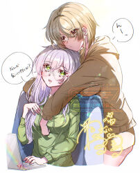  2girls blonde_hair glasses goslingwallows green_eyes green_pajamas grey_hair hair_ornament hair_over_one_eye hair_over_shoulder heaven_burns_red highres izumi_yuki kayamori_ruka long_hair low-tied_long_hair multiple_girls pajamas red_eyes round_eyewear short_hair watermark yellow_pajamas yuri 