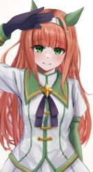  1girl absurdres animal_ears black_bow black_gloves blunt_bangs blush bow brooch closed_mouth commentary_request ear_covers gloves green_eyes green_sailor_collar green_sleeves hairband highres hime_cut horse_ears horse_girl jewelry long_hair long_sleeves looking_at_viewer orange_hair pleated_skirt sailor_collar silence_suzuka_(innocent_silence)_(umamusume) silence_suzuka_(umamusume) simple_background skirt smile solo taishi_karibe umamusume white_background white_hairband white_skirt 
