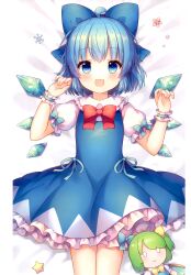  0_0 2girls :3 :d absurdres ahoge bloomers blue_bow blue_eyes blue_hair blush bow bowtie chibi cirno closed_mouth coa_(chroo_x) collared_shirt cowboy_shot daiyousei dress frilled_dress frilled_shirt_collar frilled_wrist_cuffs frills green_hair hair_bow hands_up highres ice ice_wings looking_at_viewer multiple_girls on_bed open_mouth pinafore_dress red_bow red_bowtie shirt short_hair short_sleeves sleeveless sleeveless_dress smile third-party_source touhou white_bloomers white_shirt wings wrist_cuffs 