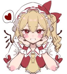 1girl ascot blonde_hair blush collared_shirt commentary_request flandre_scarlet frilled_shirt_collar frills grin hat heart highres looking_at_viewer mob_cap one_side_up paragasu_(parags112) red_eyes red_vest shirt simple_background sketch smile solo spoken_heart touhou upper_body vest white_background white_hat wings yellow_ascot 