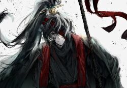  1boy bandaged_head bandages black_blood black_eyes black_hair black_hanbok black_jacket blood blood_on_face blood_splatter commentary_request hanbok high_ponytail highres holding holding_staff hong_lu_(project_moon) hongyuan_(identity)_(project_moon) j_iony jacket jacket_on_shoulders korean_clothes korean_commentary limbus_company long_hair looking_at_viewer male_focus official_alternate_costume one_eye_covered ponytail project_moon red_scarf ribbon rope_belt scarf smile solo staff stole upper_body xiao_guan_(headdress) 