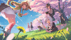  5girls absurdres animal_ears arm_up beret black_hair black_hat braid brown_eyes brown_hair cat_ears cat_girl cat_tail collarbone commentary_request dog_ears dog_girl dog_tail falling_petals fox_ears fox_girl gotointhepark hat highres hololive leg_warmers looking_at_viewer lying midriff multiple_girls nekomata_okayu nekomata_okayu_(1st_costume) on_stomach ookami_mio ookami_mio_(1st_costume) oozora_subaru oozora_subaru_(casual) open_mouth petals pink_hair pink_leg_warmers pink_petals purple_hair purple_tail red_hair sakura_miko sakura_miko_(school_uniform) shirakami_fubuki shirakami_fubuki_(street) smile standing tail tree twin_braids v violet_eyes virtual_youtuber wolf_ears wolf_girl wolf_tail 