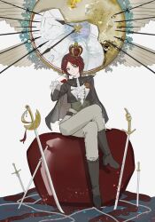  1girl ascot black_cape blue_petals boots brown_boots cape closed_mouth commentary crossed_legs crown full_body grey_pants highres hnw5a lea_florence_monad lies_of_p lies_of_p:_overture looking_at_viewer pants petals planted planted_sword red_hair short_hair sitting solo sword weapon white_ascot white_background yellow_eyes 