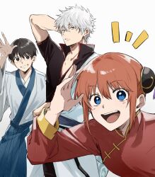 1girl 2boys absurdres bun_cover china_dress chinese_clothes commentary_request double_bun dress gintama hadanugi_dousa hair_bun highres japanese_clothes kagura_(gintama) kimono multiple_boys nepo_(neponepo216) open_clothes open_kimono sakata_gintoki shimura_shinpachi white_kimono 