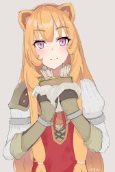  1girl absurdres adamsyaifulloh1 adapted_costume animal_ears armor brown_armor brown_gloves closed_mouth commentary dress elbow_gloves english_commentary food gloves hair_tubes hands_up highres holding holding_food holding_sandwich leather leather_armor leather_gloves long_hair long_sleeves looking_at_viewer metal_arm_cuffs metal_wrist_cuffs neck_ribbon orange_hair pauldrons pink_eyes pinstripe_dress pinstripe_pattern raccoon_ears raccoon_girl raphtalia red_dress ribbon sandwich shoulder_armor simple_background single_pauldron sleeveless sleeveless_dress smile solo split_mouth straight_hair tate_no_yuusha_no_nariagari upper_body white_background white_dress 