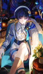  1boy absurdres arm_strap black_corset blue_bow blue_gem blue_trim blunt_ends bookshelf bow bowtie cape chair clock closed_mouth collared_shirt commentary_request corset crossed_legs dress_shirt emblem expressionless eyeliner fingernails flower formal_clothes frilled_sleeves frills fringe-trimmed_cape gem genshin_impact glint gold grey_socks hand_on_own_head hat highres lamp legwear_garter long_sleeves looking_at_viewer makeup male_focus multicolored_hair official_alternate_costume open_hand plant potted_plant purple_hair red_eyeliner sailor_hat scaramouche_(genshin_impact) shirt shorts sitting sleeve_bow socks solo streaked_hair striped_bow suspender_corset suspenders suyi42478390 tassel tsurime two-sided_cape two-sided_fabric violet_eyes vision_(genshin_impact) wanderer_(genshin_impact) wanderer_(resplendent_feast)_(genshin_impact) white_bow white_bowtie white_cape white_flower white_hat white_shirt white_shorts white_sleeves wing_collar wispy_bangs 
