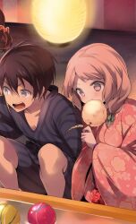  +_+ 029 1boy 1girl :t andou_jurai balloon black_hair blue_kimono blush braid breasts cotton_candy eating food hair_between_eyes hair_over_shoulder hair_ribbon highres holding holding_food inou-battle_wa_nichijou-kei_no_naka_de japanese_clothes kimono kushikawa_hatoko large_breasts long_hair long_sleeves night non-web_source official_art open_mouth pink_kimono ribbon short_hair squatting summer_festival sweat twin_braids v-shaped_eyebrows violet_eyes wide_sleeves yukata 