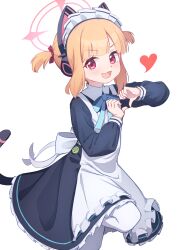  1girl animal_ear_headphones animal_ears apron black_dress blonde_hair blue_archive blue_ribbon cat_ear_headphones cat_ears cat_tail commentary_request dress fake_animal_ears fake_tail frilled_dress frills halo headphones heart heart_hands highres hudeako long_sleeves maid maid_apron maid_headdress momoi_(blue_archive) momoi_(maid)_(blue_archive) neck_ribbon official_alternate_costume open_mouth pantyhose pink_eyes pink_halo puffy_long_sleeves puffy_sleeves revision ribbon short_twintails simple_background solo tail twintails v-shaped_eyebrows white_apron white_background white_pantyhose 