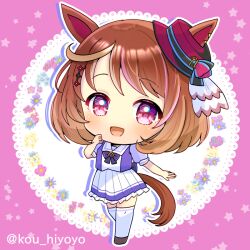  1girl :d animal_ears blue_flower blush bow brown_hair brown_shoes chibi commentary_request doily ears_through_headwear flower frilled_skirt frills full_body hat horse_ears horse_girl horse_tail kou_hiyoyo looking_at_viewer mini_hat multicolored_hair north_flight_(umamusume) pink_background pink_hair pleated_skirt puffy_short_sleeves puffy_sleeves purple_bow purple_flower purple_hat purple_shirt school_uniform shirt shoes short_sleeves skirt smile solo standing star_(symbol) streaked_hair tail thigh-highs tilted_headwear tracen_school_uniform twitter_username umamusume violet_eyes white_skirt white_thighhighs yellow_flower 