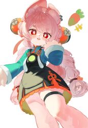  1girl ahoge animal_ear_fluff animal_ears black_skirt blue_shirt blush bright_pupils carrot_hair_ornament commentary feet_out_of_frame food-themed_hair_ornament furry furry_female hair_ornament hand_up highres long_hair long_sleeves looking_at_viewer low_twintails open_mouth pink_fur pink_hair rabbit_ears rabbit_girl red_eyes shirt simple_background skirt solo suspender_skirt suspenders thick_eyebrows thigh_strap twintails white_background white_pupils yamisroot zenless_zone_zero zhao_(zenless_zone_zero) 