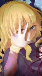  1girl blonde_hair blue_eyes collared_dress crying dress frown hat hat_ribbon highres holding holding_unworn_clothes holding_unworn_hat maribel_hearn minus_(sr_mineka) mob_cap purple_dress red_ribbon reflection ribbon spread_fingers touhou unworn_hat unworn_headwear upper_body 