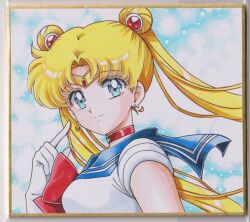  1girl bishoujo_senshi_sailor_moon blonde_hair blue_eyes blue_sailor_collar bow breasts chikoto_(kztc4472) choker closed_mouth cloud_background commentary crescent crescent_choker crescent_earrings double_bun earrings from_side gem gloves gold_tiara hair_bun hair_ornament hand_up highres jewelry leotard lone_nape_hair long_hair looking_at_viewer looking_to_the_side magical_girl medium_breasts parted_bangs photo_(medium) picture_frame pointing pointing_at_self red_bow red_choker red_gem sailor_collar sailor_moon sailor_senshi_uniform short_sleeves smile solo tiara traditional_media tsukino_usagi turning_head twintails upper_body white_gloves white_leotard 