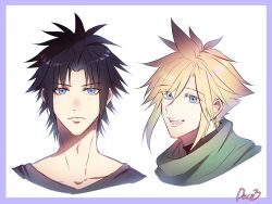  2boys absurdres black_hair black_shirt blonde_hair blue_eyes border closed_mouth cloud_strife commentary_request crisis_core:_final_fantasy_vii cropped_head final_fantasy final_fantasy_vii green_scarf hair_between_eyes highres korean_commentary looking_at_viewer male_focus multiple_boys open_mouth parted_bangs purple_border roptooo scarf shirt short_hair sidelocks signature smile spiky_hair upper_body white_background zack_fair 