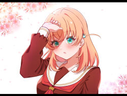  1girl aqua_eyes arm_up cherry_blossoms commentary_request crossed_bangs dress falling_petals flower hair_ornament hasu_no_sora_school_uniform highres hinoshita_kaho link!_like!_love_live! looking_at_viewer love_live! mano_409 medium_hair neckerchief open_mouth orange_hair petals pink_flower pink_petals rabbit_hair_ornament red_dress red_neckerchief sailor_collar sailor_dress school_uniform solo two_side_up virtual_graduation_commemoration virtual_youtuber white_sailor_collar winter_uniform 
