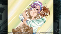  1boy 1girl 1nd_protagonist 2000s_(style) anime_coloring asymmetrical_bangs atelier-moo blush braid breasts brown_hair brown_skirt cheryl_christia closed_mouth collarbone dutch_angle game_cg glasses green_shirt grey_eyes hairband hug hug_from_behind long_hair low_twin_braids medium_breasts non-web_source official_art pleated_skirt purple_hair ribbon school_uniform shirt short_hair short_sleeves skirt standing twin_braids yuukyuu_gensoukyoku 