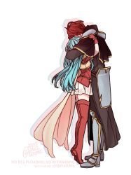  1boy 1girl 2025 aqua_hair armor armored_boots black_capelet black_shirt boots breastplate cape capelet commentary_request couple eirika_(fire_emblem) fire_emblem fire_emblem:_the_sacred_stones from_side full_body gloves grey_armor grey_boots height_difference hetero highres hug long_hair long_sleeves miniskirt red_boots red_gloves red_hair red_shirt sayu030b seth_(fire_emblem) shadow shirt short_hair short_sleeves shoulder_armor simple_background skirt thigh_boots tiptoes twitter_username watermark white_background white_skirt yellow_armor yellow_cape zettai_ryouiki 