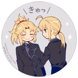  2girls adjusting_clothes adjusting_necktie ahoge artoria_pendragon_(fate) black_gloves black_jacket black_necktie black_pants blonde_hair blush border buttons closed_eyes closed_mouth collared_shirt commentary_request empty_eyes fate/apocrypha fate/grand_order fate/zero fate_(series) from_behind gloves green_eyes grey_background grey_shirt hair_between_eyes hair_ornament half-closed_eyes hands_up high_ponytail jacket lapels long_hair long_sleeves looking_at_another low_ponytail meiji_ken mordred_(fate) mother_and_child mother_and_daughter multiple_girls necktie pants parent_and_child parted_bangs ponytail saber_(fate) shirt sidelocks simple_background smile sparkle upper_body v-shaped_eyebrows white_border 