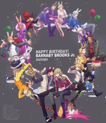 5girls 6+boys absurdres aged_down animal_ears antonio_lopez balloon barnaby_brooks_jr. barnaby_brooks_sr. belt black_boots black_jacket black_pants black_shirt black_shoes black_skirt black_socks black_thighhighs blonde_hair blue_eyes blue_jacket blue_shirt bluesky_username bonsai book boots bottle bouquet box bracelet brown_belt brown_eyes brown_hair brown_pants brown_shirt cake candy character_name clenched_hands closed_eyes closed_mouth collared_shirt commentary_request confetti constellation dated earrings emily_brooks english_text eyelashes eyewear_on_head facial_hair father_and_child father_and_son flower food food_request gift gift_box glasses green_eyes green_jacket green_shirt grey_hair grey_jacket grey_pants hand_on_own_face happy_birthday high_heels highres hijikigohan1 holding holding_book holding_plate hood hood_down hoodie huang_pao-lin ivan_karelin jacket jewelry kaburagi_t._kotetsu karina_lyle keith_goodman kemonomimi_mode kneehighs lap_pillow lara_tchaikoskaya lips lollipop long_sleeves mother_and_child mother_and_son multiple_boys multiple_girls nathan_seymour necklace open_book open_clothes open_jacket open_vest orange_jacket outstretched_arms pants parent_and_child pink_hair plate ponytail purple_jacket rabbit_ears rabbit_tail red_flower red_jacket red_rose red_shirt red_vest rose ryan_goldsmith sengoku_subaru shirt shoes short_hair sitting skirt sleeveless sleeveless_jacket smile socks spread_arms sunglasses suspenders swirl_lollipop tail thigh-highs thomas_taurus tiger_&amp;_bunny tiger_ears tiger_tail twitter_username vest violet_eyes white_jacket white_pants white_shirt white_shoes white_vest yellow_hoodie yellow_pants 