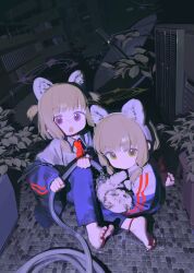  2girls absurdres animal_ear_headphones animal_ears barefoot blonde_hair blue_archive blue_pants cat_ear_headphones cat_ears commentary_request fake_animal_ears green_eyes green_halo halo headphones highres jacket looking_at_viewer low-tied_sidelocks medium_hair midori_(blue_archive) momoi_(blue_archive) multiple_girls night open_mouth pants pink_eyes pink_halo pioneer_neckerchief plant siblings sidelocks soles sportswear tianliang_duohe_fangdongye toes track_jacket twins 