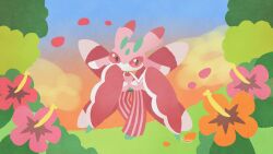  1girl antennae arthropod_girl arthropod_limbs colored_skin flower full_body furry furry_female hibiscus highres looking_at_viewer lurantis mantis_girl monster_girl multicolored_skin no_mouth orange_flower orange_sky outdoors pink_eyes pink_flower pink_skin plant_girl pokemon pokemon_(creature) praying_mantis ririko_(nagareboshi) sky solo standing white_skin 