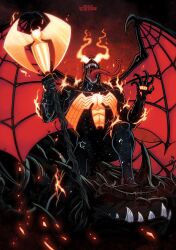  animal_print bodysuit highres long_tongue marvel monster_boy muscular muscular_male parasite sharp_teeth slime_boy spider-man_(series) spider_print spider_web_print superhero_costume symbiote teeth tongue venom_(marvel) vladzdor 