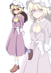  1girl ankle_socks arms_behind_back ascot blonde_hair blue_eyes bone_vone brown_shoes collared_dress commentary_request contrast_collar dress film_grain frilled_dress frills full_body hat highres long_hair maribel_hearn mob_cap projected_inset shoes smile socks solo standing standing_on_one_leg touhou white_background white_hat white_socks yellow_ascot 