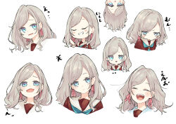  1girl :d ^_^ aqua_neckerchief blue_eyes blush brown_dress ceras_yanagida_lilienfeld closed_eyes closed_mouth commentary_request dress expressionless grey_hair grin hair_ribbon hasu_no_sora_school_uniform highres jitome link!_like!_love_live! long_hair long_sleeves looking_at_viewer love_live! mendo_(mend0o0) multiple_expressions multiple_views neckerchief open_mouth pink_ribbon pout ribbon sailor_collar sailor_dress school_uniform smile teeth translation_request upper_teeth_only virtual_youtuber white_sailor_collar winter_uniform yurie_mouth 