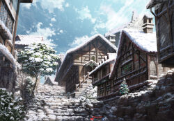  artist_name artstation_logo blue_sky brick_wall building bush chimney christmas_lights christmas_ornaments christmas_tree clouds cobblestone day facebook_logo frost highres house no_humans painterly scenery shingeki_no_kyojin sicuvn sky snow stairs sunlight town tree wind window winter youtube_logo 