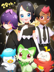  1boy 2girls :d absurdres anniversary black_background black_bow black_bowtie black_dress black_hair black_jacket black_necktie black_pants blue_eyes blurry blurry_background blush bow bowtie collarbone collared_shirt commentary_request cowboy_shot crossed_bangs dark-skinned_male dark_skin dot_(pokemon) dress dress_shirt fuecoco gloves hair_bun hair_ornament hair_over_eyes hairpin highres jacket liko_(pokemon) looking_at_viewer medium_hair multicolored_hair multiple_girls necktie open_mouth pants petako_(ptpt_k) pokemon pokemon_(anime) pokemon_(creature) pokemon_horizons purple_hair quaxly red_eyes red_hair roy_(pokemon) shirt short_hair smile sprigatito standing streaked_hair suit_jacket suspenders swept_bangs teeth upper_teeth_only white_gloves white_shirt 