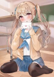  1girl blue_neckerchief blue_ribbon blue_sailor_collar blue_skirt blush brown_cardigan brown_hair brown_thighhighs cardigan chair commentary_request desk envelope hair_between_eyes hair_ribbon heart highres holding holding_envelope indoors long_hair long_sleeves love_letter mochi_nabe neckerchief no_shoes on_floor open_cardigan open_clothes original parted_lips pleated_skirt puffy_long_sleeves puffy_sleeves red_eyes ribbon sailor_collar school_chair school_desk school_uniform serafuku shirt sitting skirt sleeves_past_wrists solo sparkle thigh-highs twintails wariza white_shirt wooden_floor 