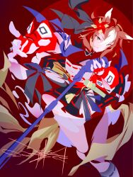  1girl animal_ears artist_name bare_legs commentary echoo hair_ornament highres holding holding_microphone horse_ears horse_girl impressionism microphone music outstretched_arm pointing pointing_at_viewer red_background short_hair singing skirt solo standing umamusume yaeno_muteki_(umamusume) 