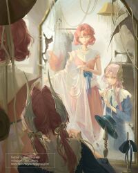  2girls :d alternate_costume blue_dress blue_eyes blue_hat cheri_wang dress dressing email_address grey_hair hair_ornament hat highres indoors instagram_username long_hair looking_at_mirror low_twintails marsha_(reverse:1999) mirror multiple_girls open_mouth pink_dress red_hair reflection reflection_focus reverse:1999 sentinel_(reverse:1999) shirt short_hair short_sleeves smile strap_slip twintails twitter_username unworn_hat unworn_headwear upper_body white_shirt 
