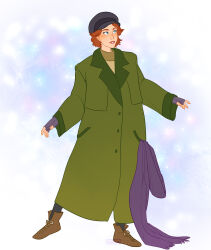  1girl anastasia_(1997) anya_(anastasia) black_hat blue_eyes blush brown_shoes coat commentary fingerless_gloves full_body gloves green_coat hat highres long_coat looking_to_the_side looking_up outstretched_arms parted_lips pink_lips purple_scarf sariahgomez scarf shoes short_hair solo 